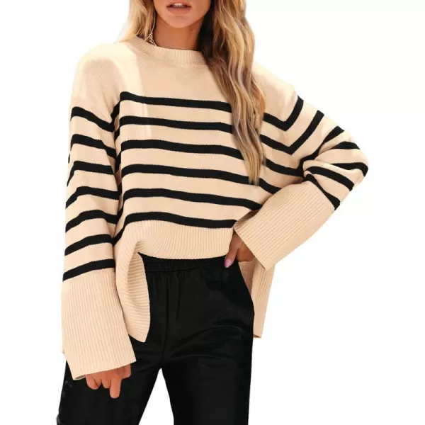 imagePRETTYGARDEN Womens 2023 Fall Striped Sweater Oversized Long Sleeve Crew Neck Side Slit Casual Trendy Knit Pullover SweatersBeige