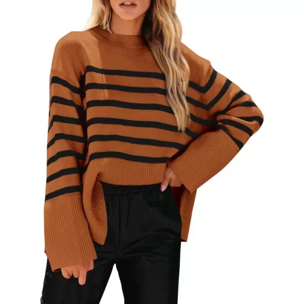 imagePRETTYGARDEN Womens 2023 Fall Striped Sweater Oversized Long Sleeve Crew Neck Side Slit Casual Trendy Knit Pullover SweatersBrown