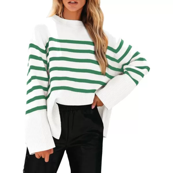 imagePRETTYGARDEN Womens 2023 Fall Striped Sweater Oversized Long Sleeve Crew Neck Side Slit Casual Trendy Knit Pullover SweatersGreen