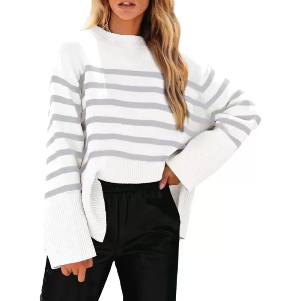 imagePRETTYGARDEN Womens 2023 Fall Striped Sweater Oversized Long Sleeve Crew Neck Side Slit Casual Trendy Knit Pullover SweatersGrey