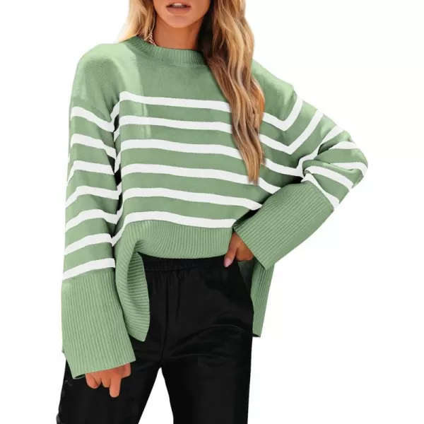 imagePRETTYGARDEN Womens 2023 Fall Striped Sweater Oversized Long Sleeve Crew Neck Side Slit Casual Trendy Knit Pullover SweatersLight Green