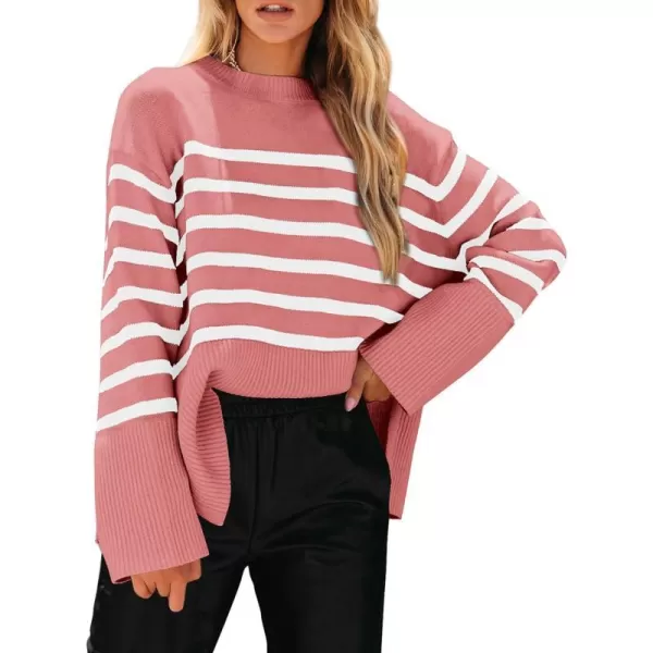 imagePRETTYGARDEN Womens 2023 Fall Striped Sweater Oversized Long Sleeve Crew Neck Side Slit Casual Trendy Knit Pullover SweatersPink