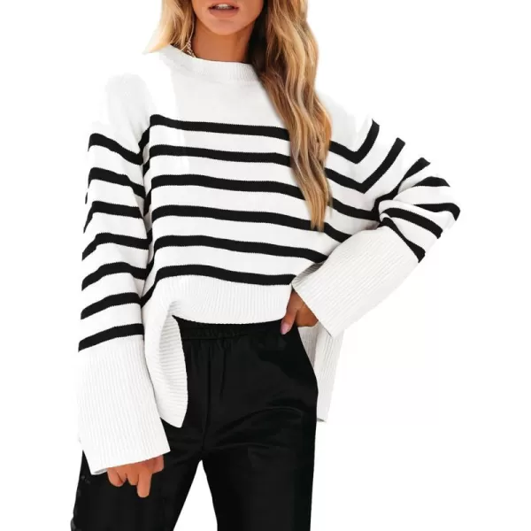 imagePRETTYGARDEN Womens 2023 Fall Striped Sweater Oversized Long Sleeve Crew Neck Side Slit Casual Trendy Knit Pullover SweatersWhite