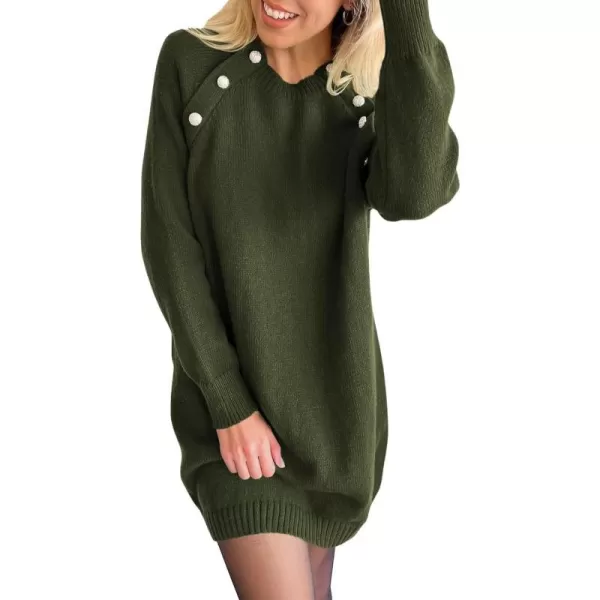 imagePRETTYGARDEN Womens 2023 Fall Sweater Dress Crewneck Long Sleeve Oversized Pullover Sweaters Casual Knit Short DressesArmy Green
