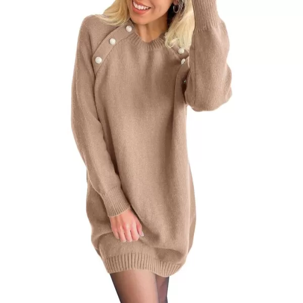 imagePRETTYGARDEN Womens 2023 Fall Sweater Dress Crewneck Long Sleeve Oversized Pullover Sweaters Casual Knit Short DressesKhaki