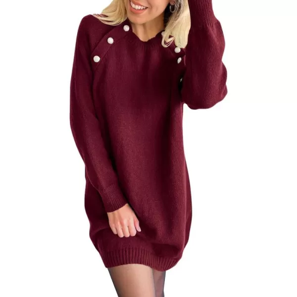 imagePRETTYGARDEN Womens 2023 Fall Sweater Dress Crewneck Long Sleeve Oversized Pullover Sweaters Casual Knit Short DressesWine Red