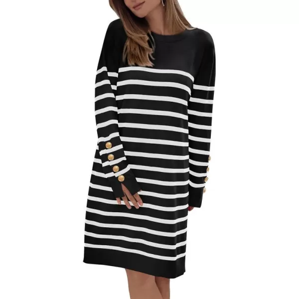 imagePRETTYGARDEN Womens 2023 Fall Sweater Dress Crewneck Long Sleeve Pullover Sweaters Casual Cute Loose Fit Knit Short DressesStriped Black