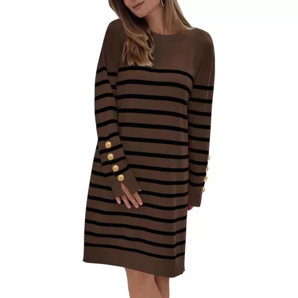 imagePRETTYGARDEN Womens 2023 Fall Sweater Dress Crewneck Long Sleeve Pullover Sweaters Casual Cute Loose Fit Knit Short DressesStriped Brown