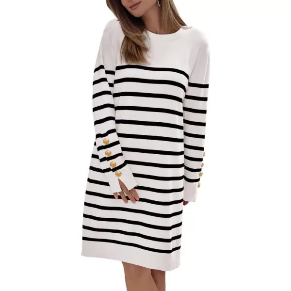 imagePRETTYGARDEN Womens 2023 Fall Sweater Dress Crewneck Long Sleeve Pullover Sweaters Casual Cute Loose Fit Knit Short DressesStriped White