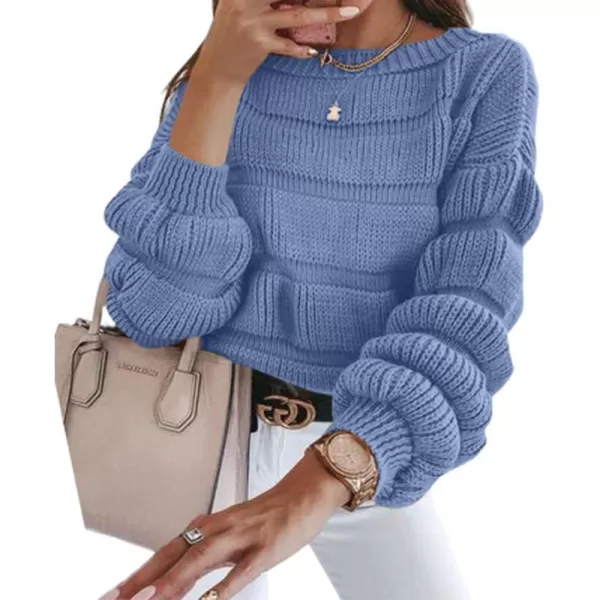 imagePRETTYGARDEN Womens 2023 Fall Sweaters Casual Crew Neck Pullover Long Puff Sleeve Loose Plain Chunky Knit Cute Blouse TopsBlue