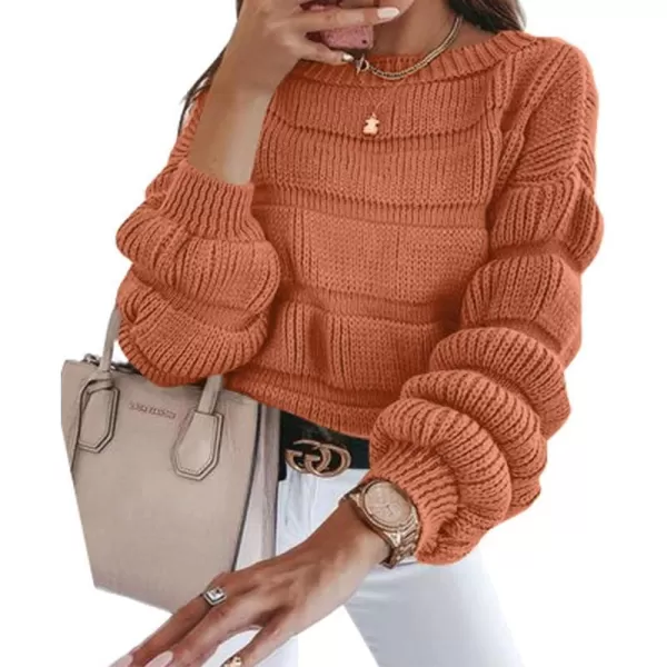 imagePRETTYGARDEN Womens 2023 Fall Sweaters Casual Crew Neck Pullover Long Puff Sleeve Loose Plain Chunky Knit Cute Blouse TopsOrange