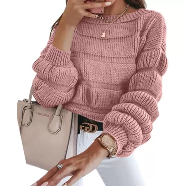imagePRETTYGARDEN Womens 2023 Fall Sweaters Casual Crew Neck Pullover Long Puff Sleeve Loose Plain Chunky Knit Cute Blouse TopsPink