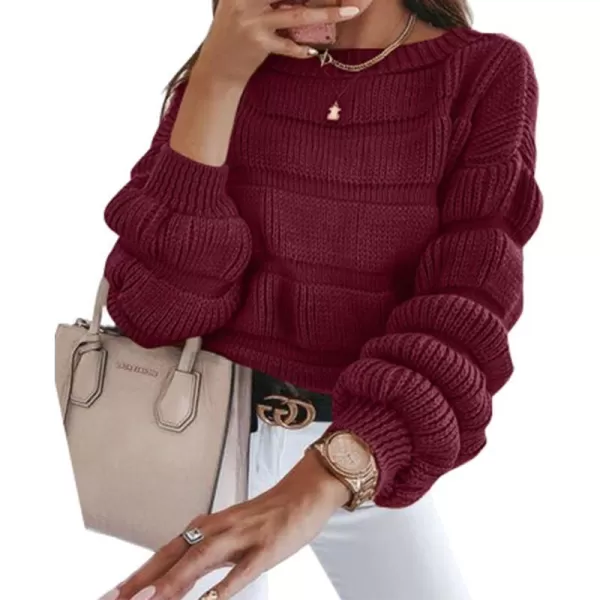 imagePRETTYGARDEN Womens 2023 Fall Sweaters Casual Crew Neck Pullover Long Puff Sleeve Loose Plain Chunky Knit Cute Blouse TopsWine Red