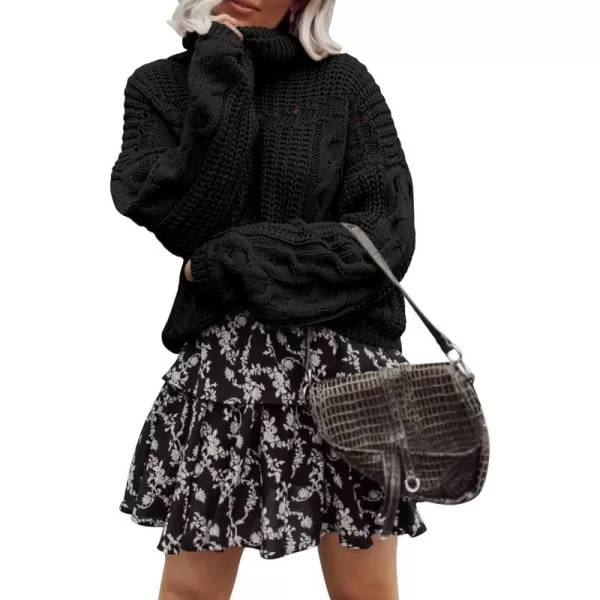 imagePRETTYGARDEN Womens 2023 Fall Sweaters Fashion Winter Turtleneck Cable Knit Pullover Long Sleeve Casual Blouse TopsBlack
