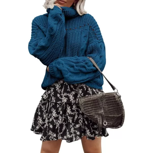 imagePRETTYGARDEN Womens 2023 Fall Sweaters Fashion Winter Turtleneck Cable Knit Pullover Long Sleeve Casual Blouse TopsLake Blue
