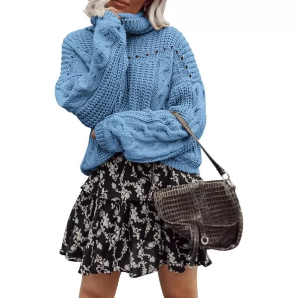imagePRETTYGARDEN Womens 2023 Fall Sweaters Fashion Winter Turtleneck Cable Knit Pullover Long Sleeve Casual Blouse TopsSky Blue