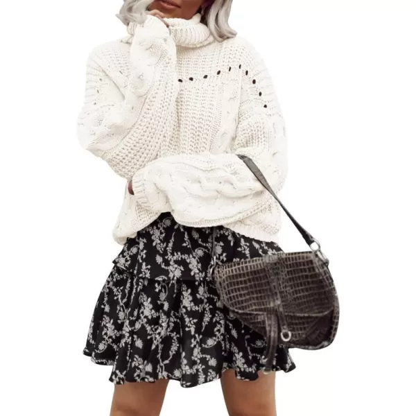 imagePRETTYGARDEN Womens 2023 Fall Sweaters Fashion Winter Turtleneck Cable Knit Pullover Long Sleeve Casual Blouse TopsWhite