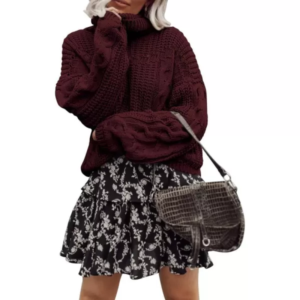 imagePRETTYGARDEN Womens 2023 Fall Sweaters Fashion Winter Turtleneck Cable Knit Pullover Long Sleeve Casual Blouse TopsWine Red