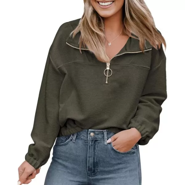 imagePRETTYGARDEN Womens 2023 Fall Sweatshirt Half Zip Collar Pullover Tops Oversized Long Sleeve Plain Casual Jacket ClothesArmy Green