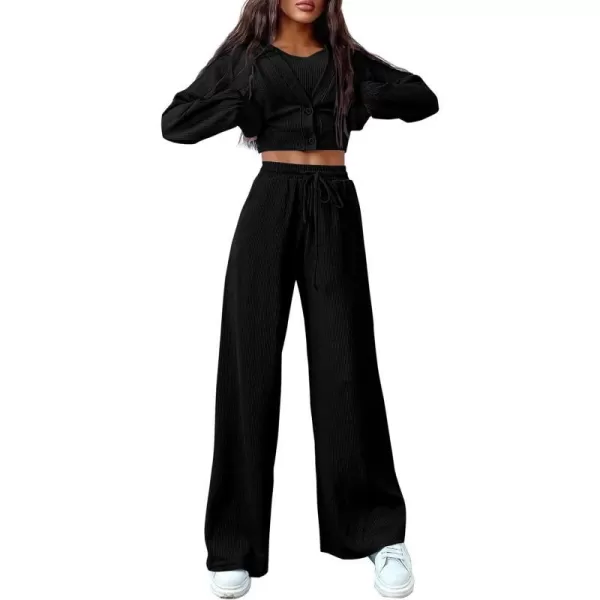 imagePRETTYGARDEN Womens 2023 Fall Track Suits 3 Piece Outfits Matching Sets Ribbed Knit Cardigan Cropped Tank Tops Wide Leg PantsBlack