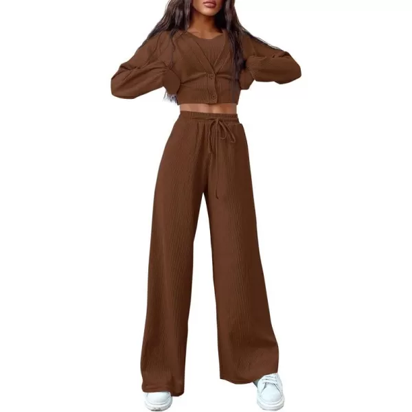 imagePRETTYGARDEN Womens 2023 Fall Track Suits 3 Piece Outfits Matching Sets Ribbed Knit Cardigan Cropped Tank Tops Wide Leg PantsCoffee