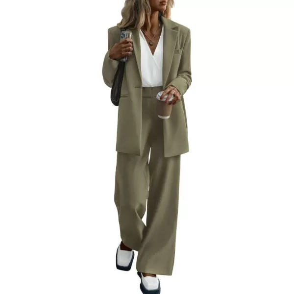 imagePRETTYGARDEN Womens 2023 Fall Two Piece Outfits Blazer Jacket and Wide Leg Pants Pockets Business Casual Suit SetsArmy Green