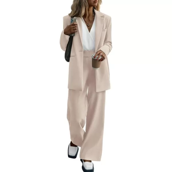 imagePRETTYGARDEN Womens 2023 Fall Two Piece Outfits Blazer Jacket and Wide Leg Pants Pockets Business Casual Suit SetsBeige