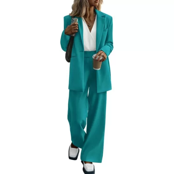 imagePRETTYGARDEN Womens 2023 Fall Two Piece Outfits Blazer Jacket and Wide Leg Pants Pockets Business Casual Suit SetsBlue Green