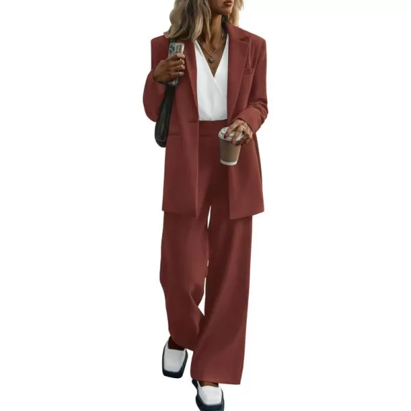 imagePRETTYGARDEN Womens 2023 Fall Two Piece Outfits Blazer Jacket and Wide Leg Pants Pockets Business Casual Suit SetsBrown Red