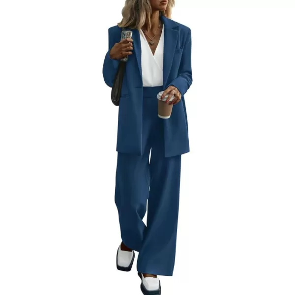 imagePRETTYGARDEN Womens 2023 Fall Two Piece Outfits Blazer Jacket and Wide Leg Pants Pockets Business Casual Suit SetsDark Blue