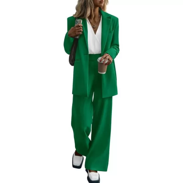 imagePRETTYGARDEN Womens 2023 Fall Two Piece Outfits Blazer Jacket and Wide Leg Pants Pockets Business Casual Suit SetsGreen