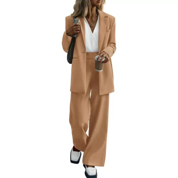 imagePRETTYGARDEN Womens 2023 Fall Two Piece Outfits Blazer Jacket and Wide Leg Pants Pockets Business Casual Suit SetsKhaki