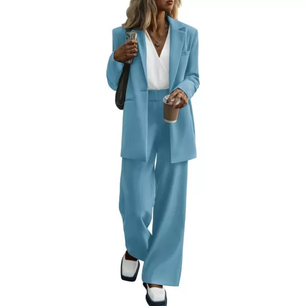 imagePRETTYGARDEN Womens 2023 Fall Two Piece Outfits Blazer Jacket and Wide Leg Pants Pockets Business Casual Suit SetsLake Blue