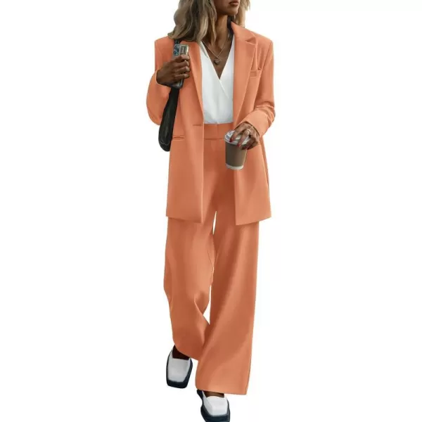 imagePRETTYGARDEN Womens 2023 Fall Two Piece Outfits Blazer Jacket and Wide Leg Pants Pockets Business Casual Suit SetsOrange