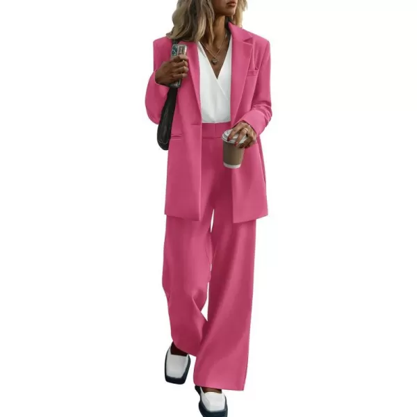 imagePRETTYGARDEN Womens 2023 Fall Two Piece Outfits Blazer Jacket and Wide Leg Pants Pockets Business Casual Suit SetsRose Red