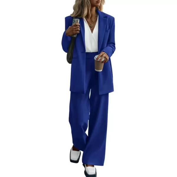 imagePRETTYGARDEN Womens 2023 Fall Two Piece Outfits Blazer Jacket and Wide Leg Pants Pockets Business Casual Suit SetsRoyal Blue