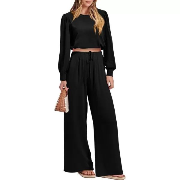 imagePRETTYGARDEN Womens 2023 Fall Two Piece Outfits Long Sleeve Crop Tops Wide Leg Pants Pockets Casual Linen Tracksuits SetsBlack