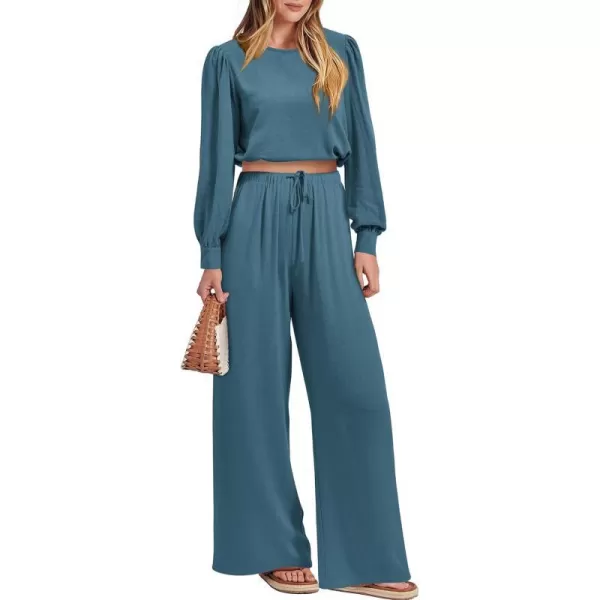 imagePRETTYGARDEN Womens 2023 Fall Two Piece Outfits Long Sleeve Crop Tops Wide Leg Pants Pockets Casual Linen Tracksuits SetsBlue