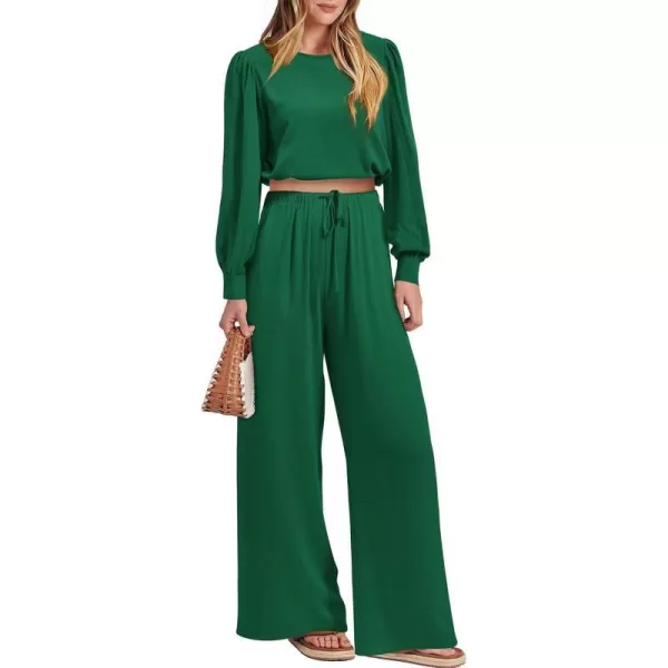 imagePRETTYGARDEN Womens 2023 Fall Two Piece Outfits Long Sleeve Crop Tops Wide Leg Pants Pockets Casual Linen Tracksuits SetsGreen
