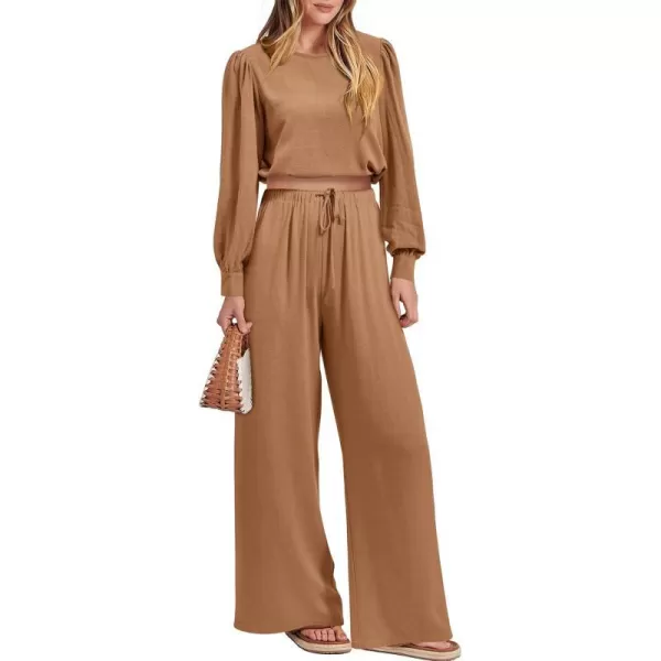 imagePRETTYGARDEN Womens 2023 Fall Two Piece Outfits Long Sleeve Crop Tops Wide Leg Pants Pockets Casual Linen Tracksuits SetsKhaki