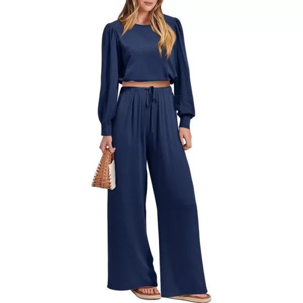 imagePRETTYGARDEN Womens 2023 Fall Two Piece Outfits Long Sleeve Crop Tops Wide Leg Pants Pockets Casual Linen Tracksuits SetsNavy