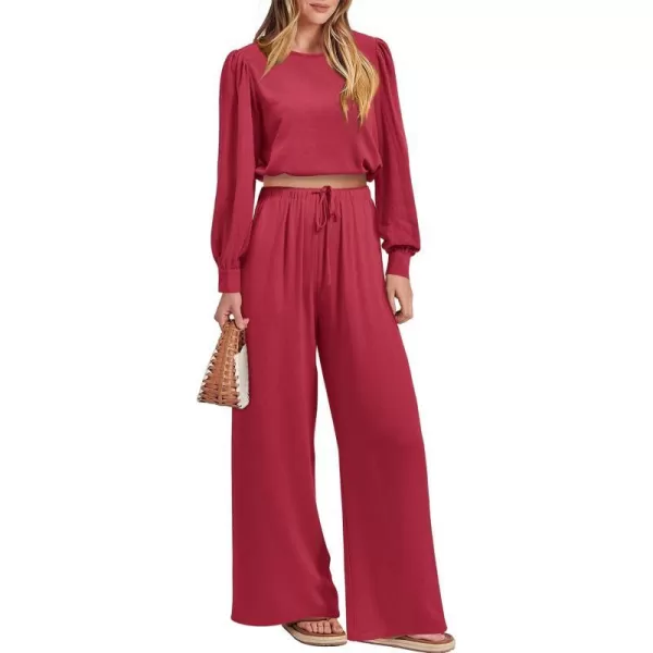 imagePRETTYGARDEN Womens 2023 Fall Two Piece Outfits Long Sleeve Crop Tops Wide Leg Pants Pockets Casual Linen Tracksuits SetsRed