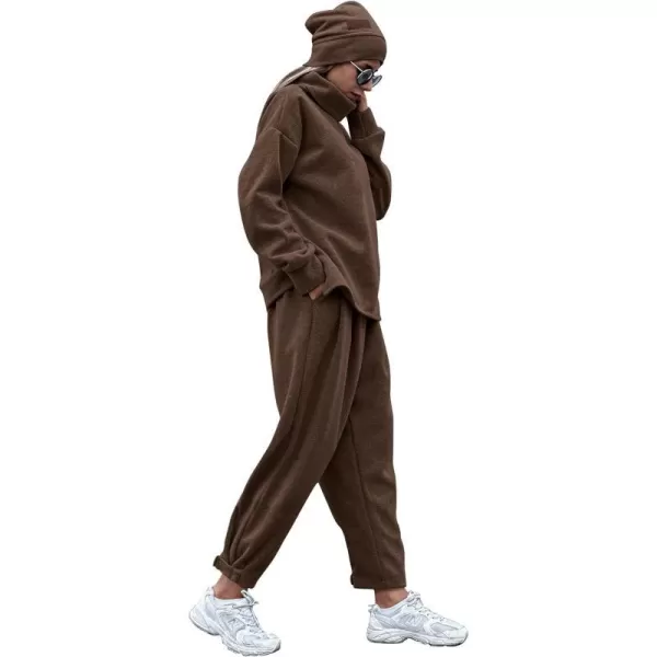imagePRETTYGARDEN Womens 2023 Fall Two Piece Outfits Long Sleeve Tracksuit Set Turtleneck Pullover Tops Casual Pants SweatsuitsCoffee