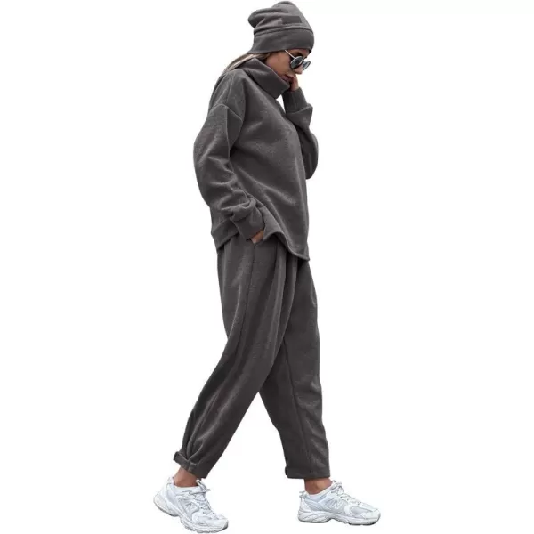 imagePRETTYGARDEN Womens 2023 Fall Two Piece Outfits Long Sleeve Tracksuit Set Turtleneck Pullover Tops Casual Pants SweatsuitsDark Grey