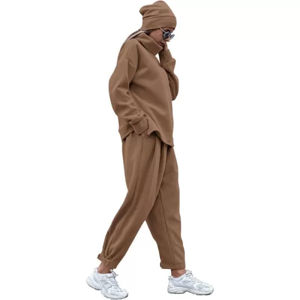 imagePRETTYGARDEN Womens 2023 Fall Two Piece Outfits Long Sleeve Tracksuit Set Turtleneck Pullover Tops Casual Pants SweatsuitsDark Khaki