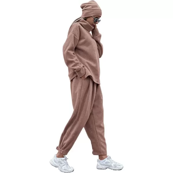 imagePRETTYGARDEN Womens 2023 Fall Two Piece Outfits Long Sleeve Tracksuit Set Turtleneck Pullover Tops Casual Pants SweatsuitsLight Brown