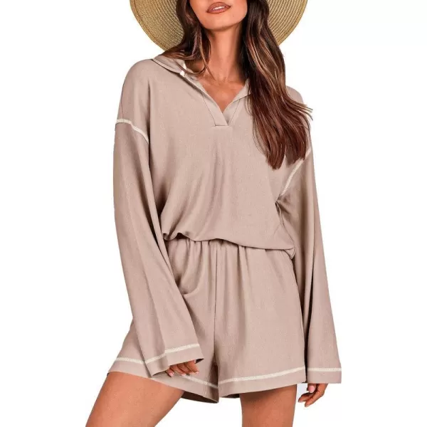 imagePRETTYGARDEN Womens 2023 Fall Two Piece Outfits Lounge Sets Tracksuit Long Sleeve Lapel Shirts Tops And Shorts With PocketsApricot