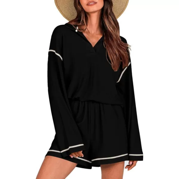 imagePRETTYGARDEN Womens 2023 Fall Two Piece Outfits Lounge Sets Tracksuit Long Sleeve Lapel Shirts Tops And Shorts With PocketsBlack