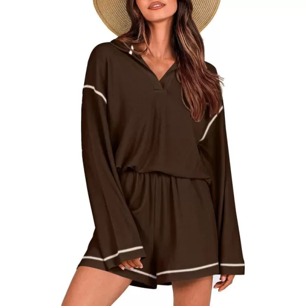 imagePRETTYGARDEN Womens 2023 Fall Two Piece Outfits Lounge Sets Tracksuit Long Sleeve Lapel Shirts Tops And Shorts With PocketsBrown