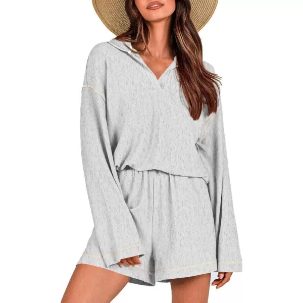 imagePRETTYGARDEN Womens 2023 Fall Two Piece Outfits Lounge Sets Tracksuit Long Sleeve Lapel Shirts Tops And Shorts With PocketsGrey